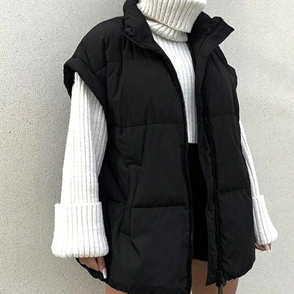 Black Casual Women's Stand Collar  Sleeveless Quilted puffer Vest Jacket - Picture 5 of 5